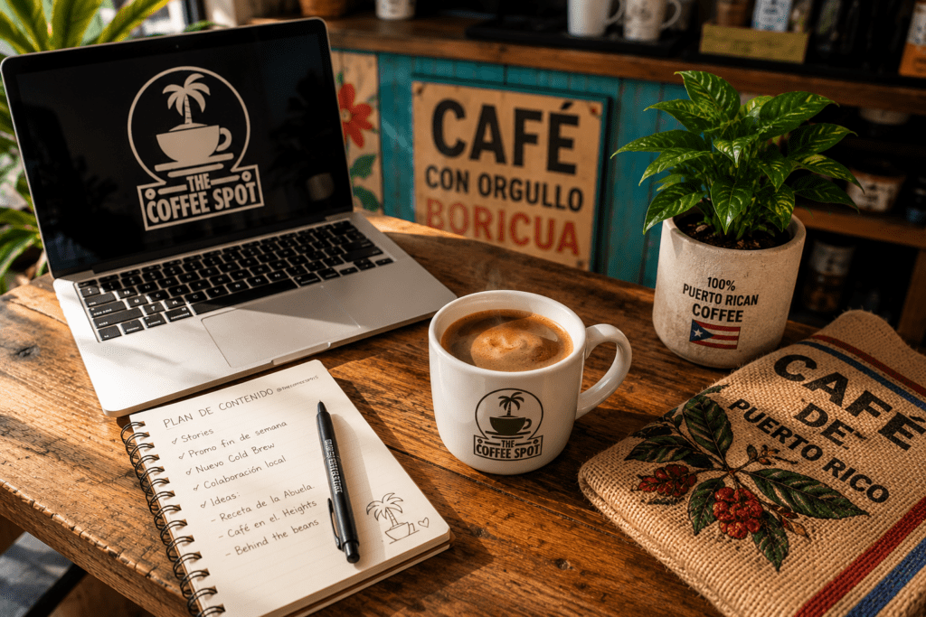 Laptop, notebook, and Puerto Rican coffee on a table at the best coffee shop to study El Paso Westside, Shoppes at Solana