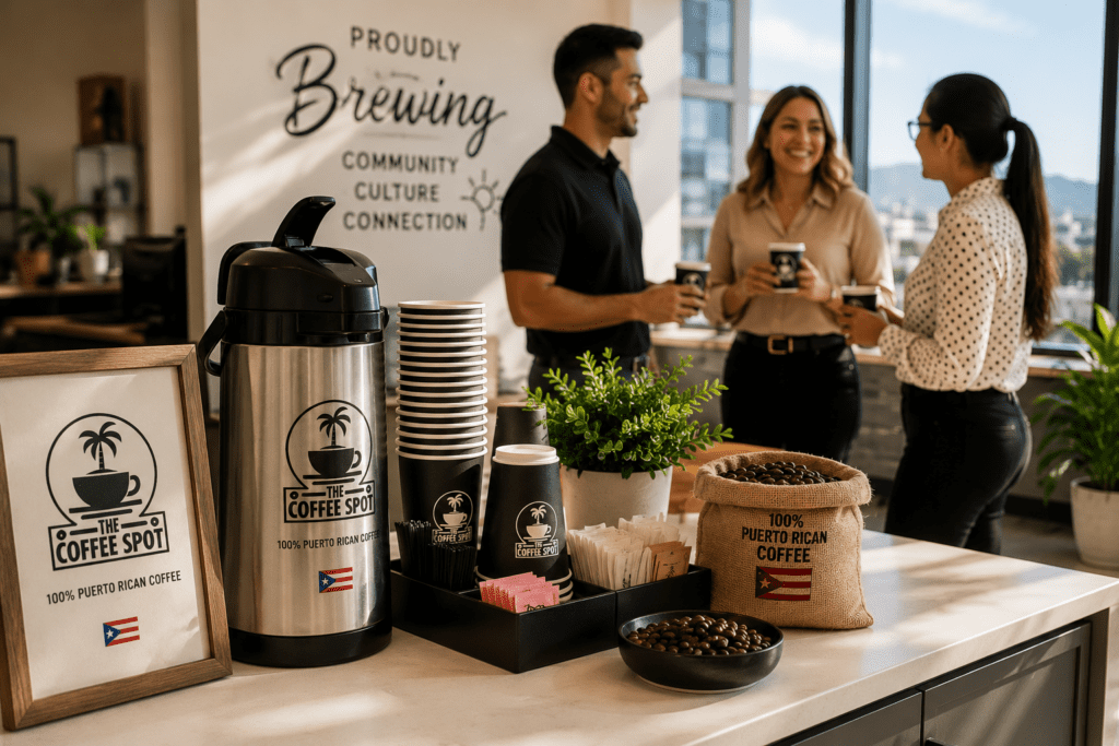 Coffee catering setup for an El Paso small office with fresh Puerto Rican coffee in branded cups on a clean break-room counter