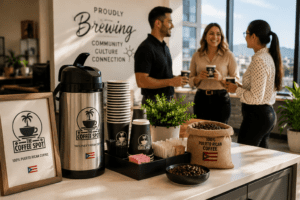 Coffee catering setup for an El Paso small office with fresh Puerto Rican coffee in branded cups on a clean break-room counter