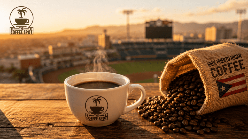 Fresh cup of Puerto Rican coffee near Southwest University Park El Paso with roasted beans and a blurred ballpark behind