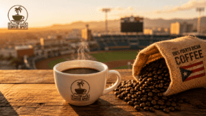Fresh cup of Puerto Rican coffee near Southwest University Park El Paso with roasted beans and a blurred ballpark behind