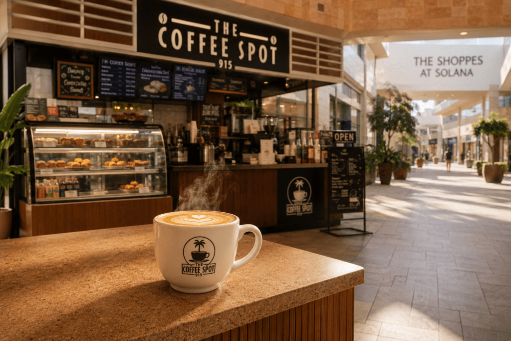 The Coffee Spot 915 is the local coffee shop near solana mall serving direct-import Puerto Rican coffee inside The Shoppes at Solana.