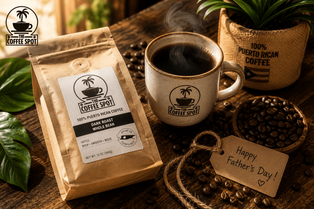 Father's Day coffee gift in El Paso: a kraft bag of Puerto Rican beans and a steaming mug with a Happy Father's Day tag.