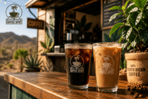 Iced coffee and dark cold brew side by side on a wood counter at an El Paso coffee kiosk