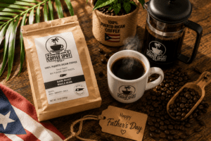 Best Father's Day gift for a coffee lover in El Paso: Coffee Spot 915 Puerto Rican beans, French press, and fresh cup