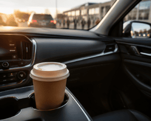 To-go coffee cup in a car cupholder at sunrise with a blurred school drop-off line through the windshield
