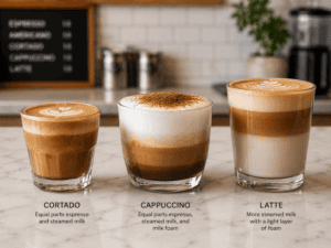 Cortado, cappuccino and latte in glass cups on a marble counter showing their milk-to-espresso layers