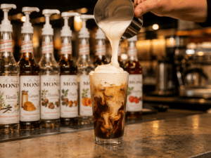 Cold foam cascading over a tall glass of iced coffee with a blurred row of syrup bottles behind