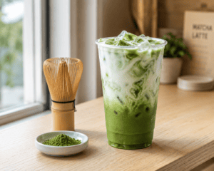 Iced matcha latte in a clear cup with green fading into swirled milk beside a bamboo whisk on pale wood