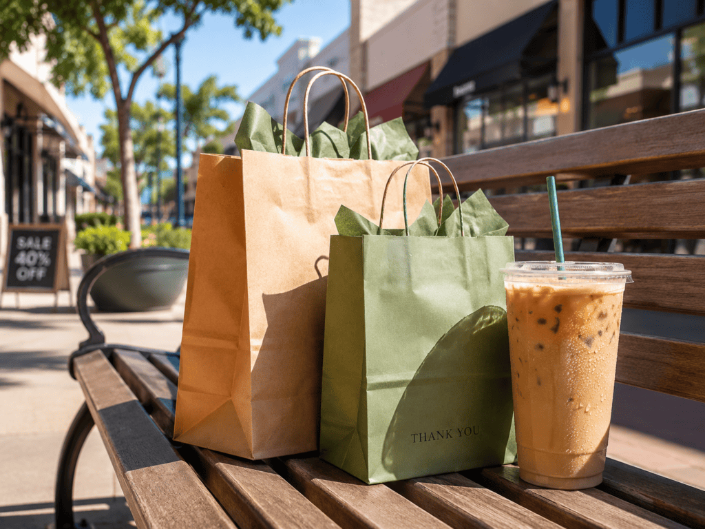 Shopping bags and a tall iced coffee on a sunlit shopping-center bench with blurred storefronts behind