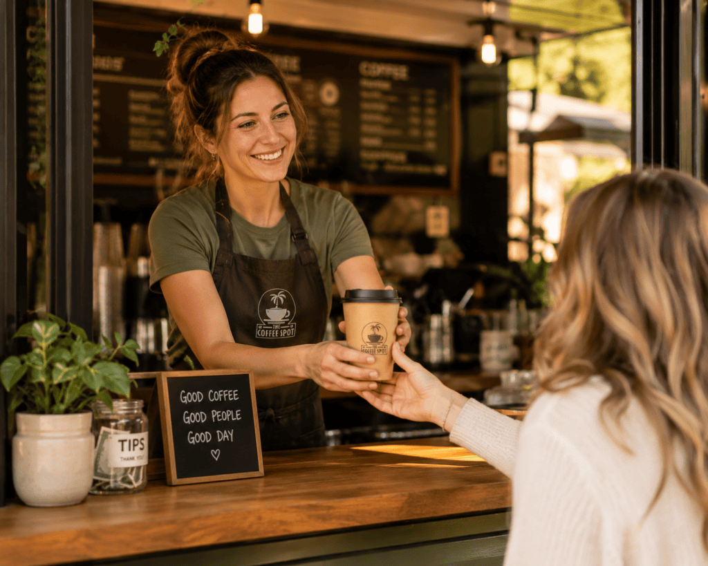 Barista handing a coffee cup through a warmly lit kiosk window to a customer reaching up to take it