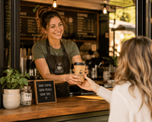 Barista handing a coffee cup through a warmly lit kiosk window to a customer reaching up to take it