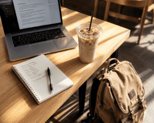 Laptop, notebook and a large iced latte on a sunlit wooden table with a canvas backpack against the leg