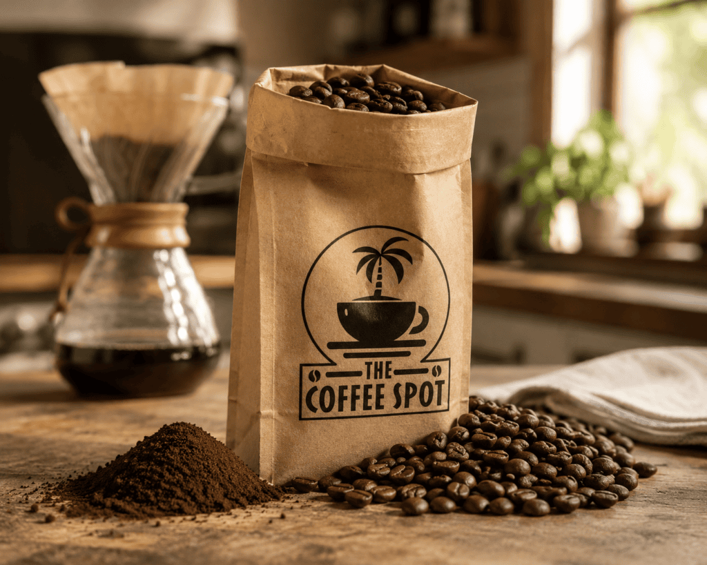 Open kraft bag of coffee beans on a kitchen counter with whole beans on one side and fresh grounds on the other