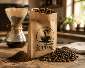 Open kraft bag of coffee beans on a kitchen counter with whole beans on one side and fresh grounds on the other