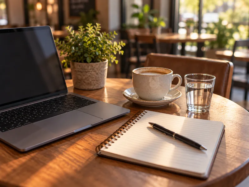 Open laptop and notebook on a cafe table beside a half-finished latte and a glass of water in afternoon light