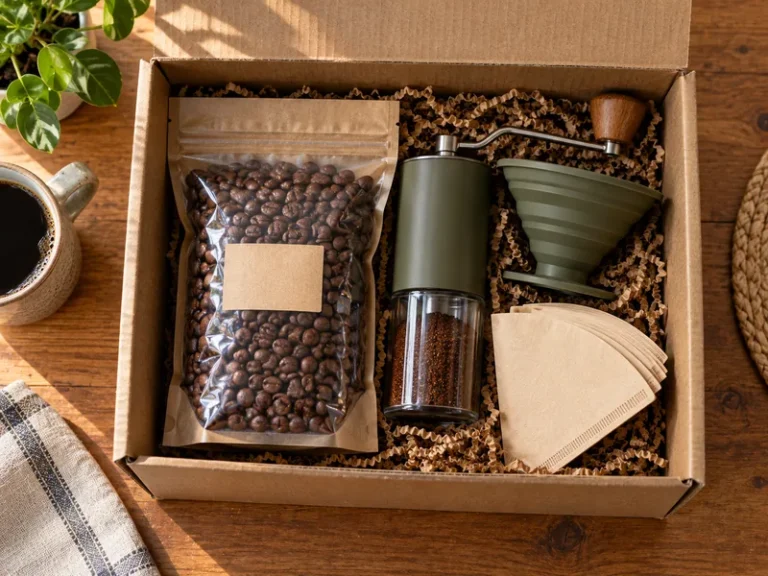 Open care package box on a kitchen table packed with sealed coffee beans, a hand grinder and a pour-over cone