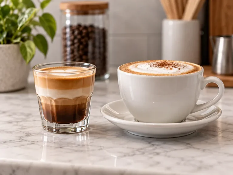 Cortado in a clear glass beside a cappuccino in a white cup on a marble counter showing both milk layers