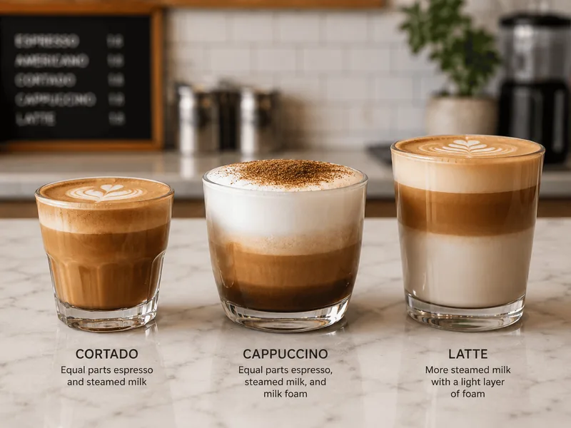Cortado, cappuccino and latte in glass cups on a marble counter showing their milk-to-espresso layers