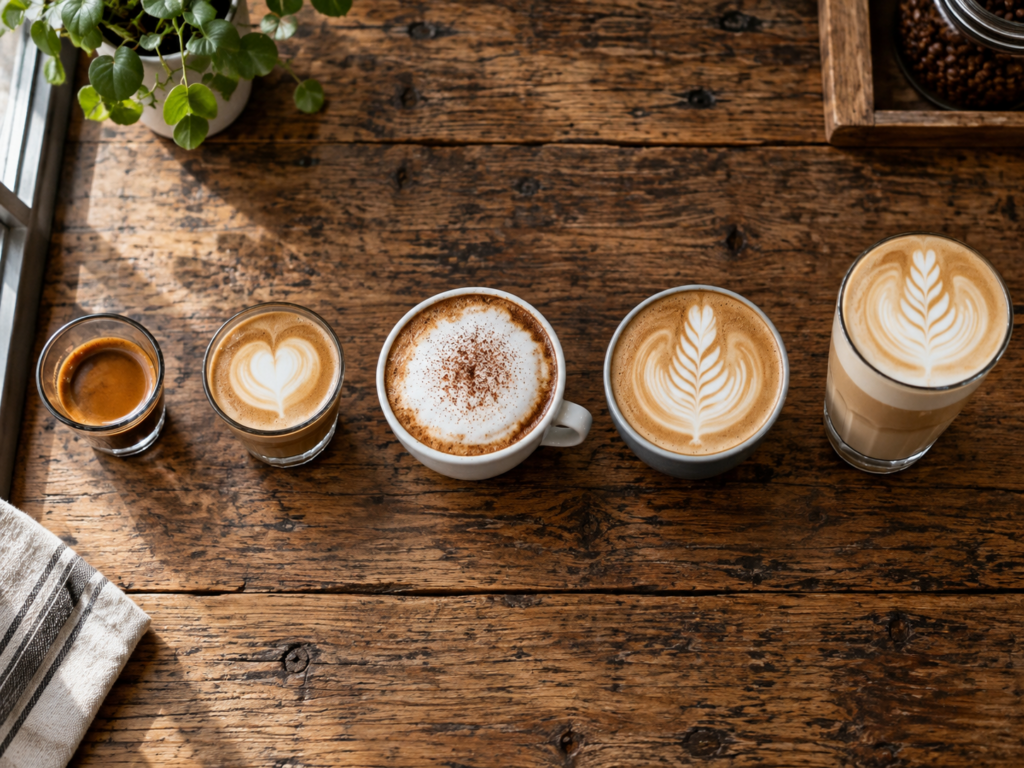 Five espresso drinks from a single shot to a tall latte lined up overhead on a reclaimed-wood counter