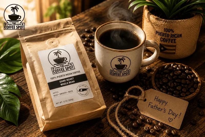 Father's Day coffee gift in El Paso: a kraft bag of Puerto Rican beans and a steaming mug with a Happy Father's Day tag.