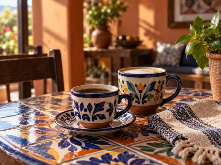 Two cups of coffee on a hand-painted ceramic tile table beside folded woven cloth in warm afternoon light