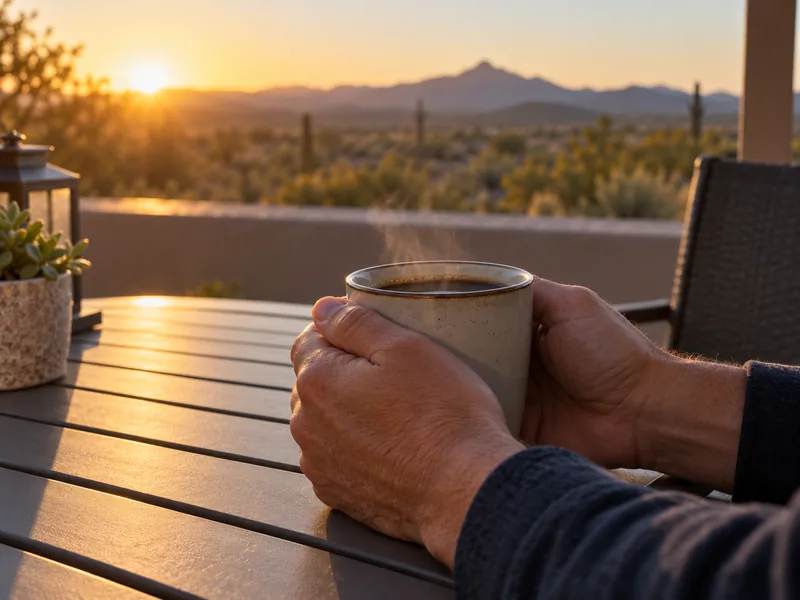 Hands wrapped around a small ceramic cup of hot coffee on a patio table in low golden desert morning light