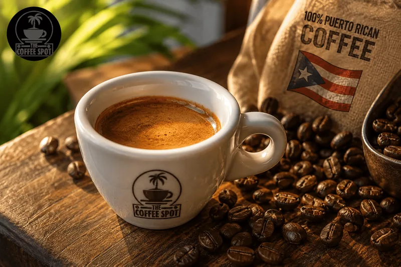 Bold Puerto Rican coffee espresso shot with crema and roasted Yauco beans, showing its strong body