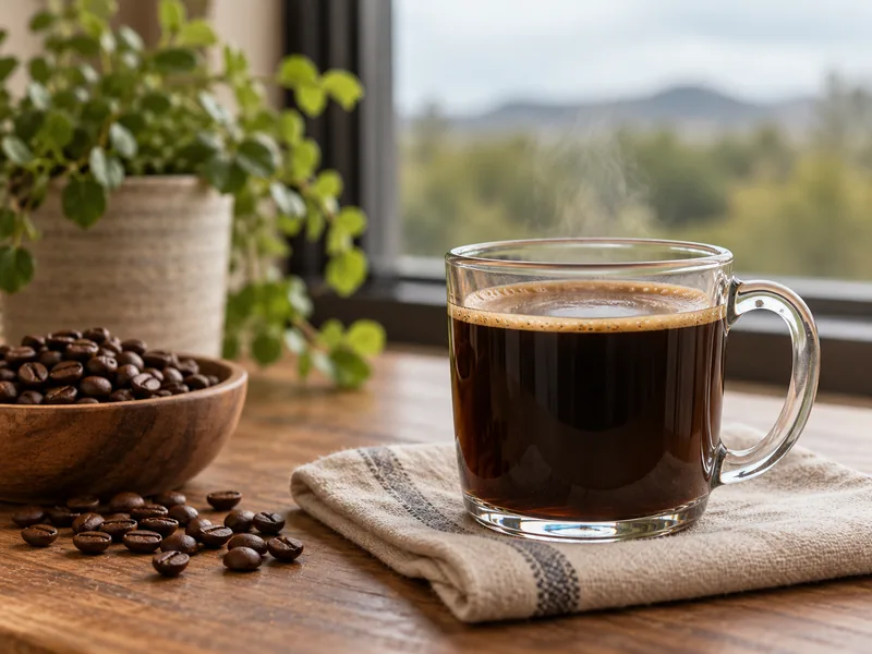 Glass mug of medium-roast coffee beside whole beans on a pale linen napkin in soft overcast daylight
