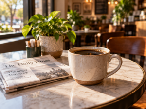 Single ceramic cup of black coffee on a round cafe table beside a folded newspaper in mid-morning light
