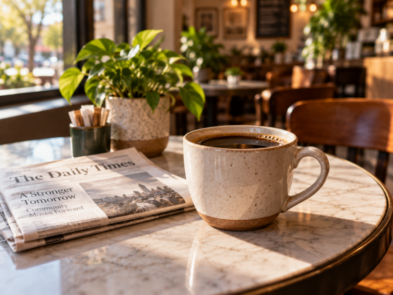 Single ceramic cup of black coffee on a round cafe table beside a folded newspaper in mid-morning light