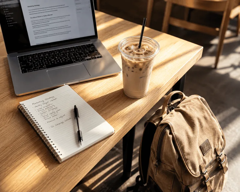 Laptop, notebook and a large iced latte on a sunlit wooden table with a canvas backpack against the leg