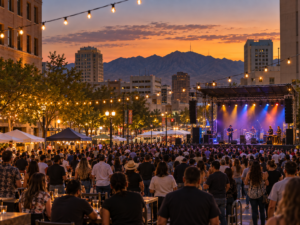 Crowd gathered near a lit outdoor stage on a downtown El Paso street at golden dusk with string lights overhead