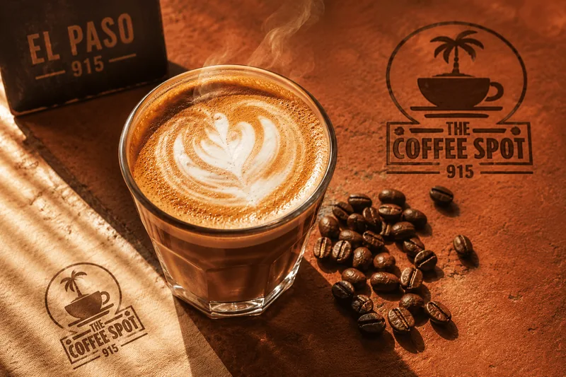 Puerto Rican coffee with latte art in a glass, surrounded by roasted coffee beans and The Coffee Spot 915 logo