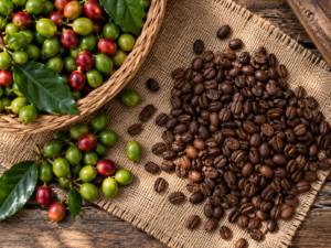 Green coffee cherries and roasted beans spread across weathered burlap on a wooden table in filtered daylight