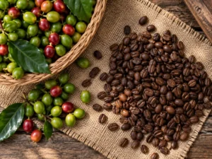 Green coffee cherries and roasted Puerto Rican coffee beans on burlap