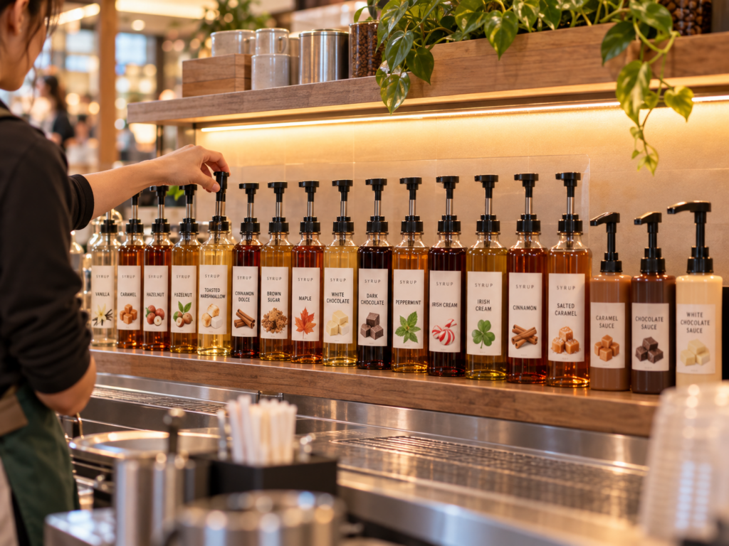 Row of thirteen labeled syrup bottles and three sauce pumps on a coffee kiosk counter with a hand reaching for one