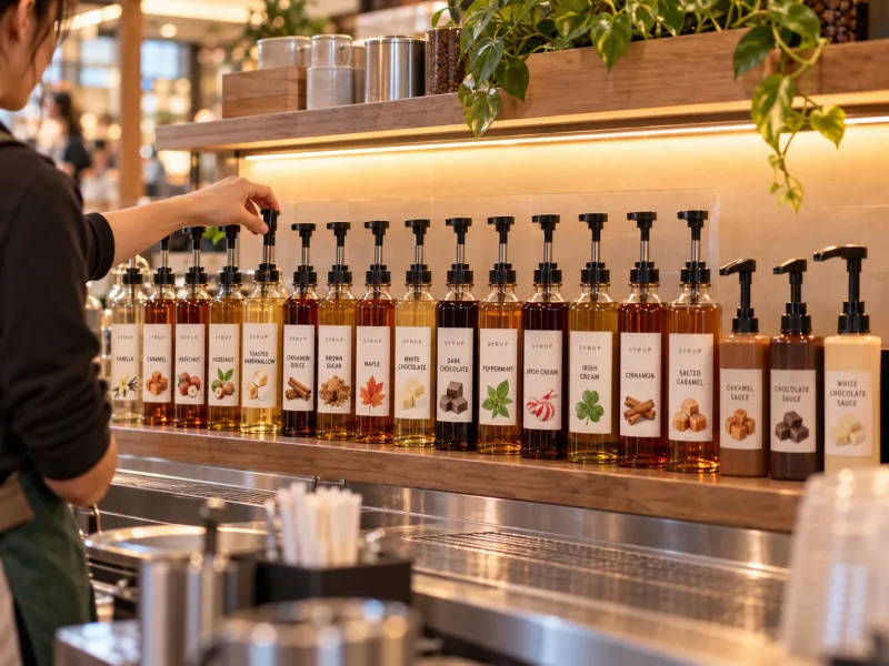 Row of thirteen labeled syrup bottles and three sauce pumps on a coffee kiosk counter with a hand reaching for one