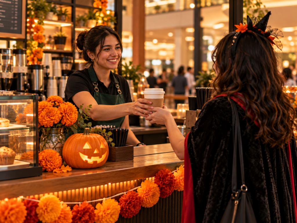 Barista handing a hot latte across a kiosk counter decorated with a small pumpkin and paper marigolds