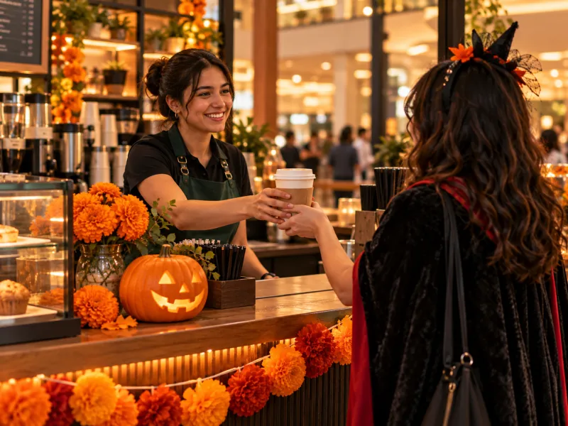Barista handing a hot latte across a kiosk counter decorated with a small pumpkin and paper marigolds