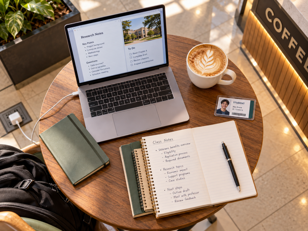 Laptop plugged into an outlet beside notebooks, a hot latte and a student ID on a table near a coffee kiosk