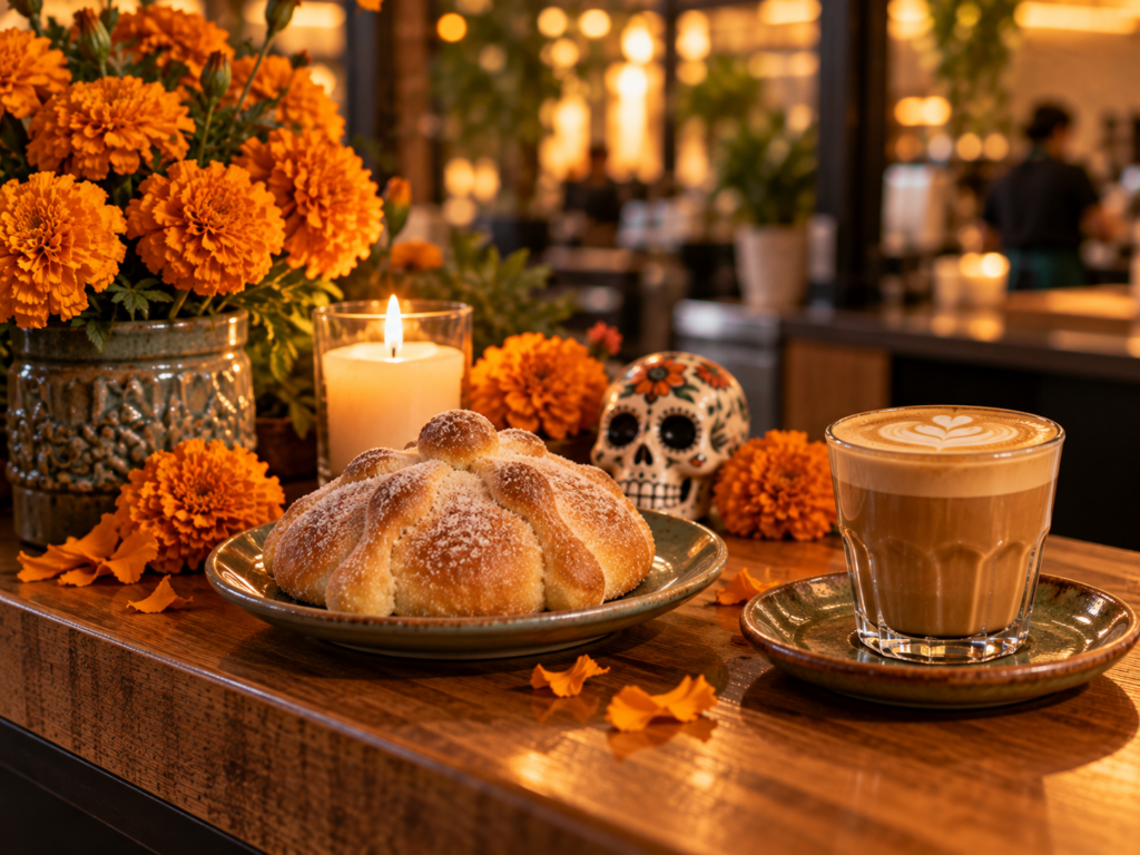 Marigolds and a candle beside a pan de muerto and a hot cortado in a glass on a wooden kiosk counter