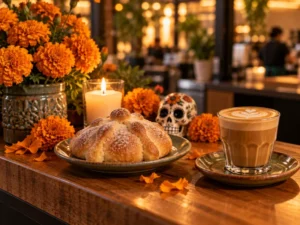 Marigolds and a candle beside a pan de muerto and a hot cortado in a glass on a wooden kiosk counter