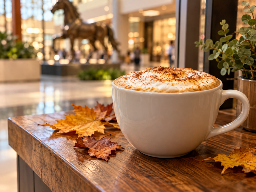 Hot latte with toasted marshmallow foam on a wooden kiosk counter with fall leaves and a blurred bronze horse statue behind