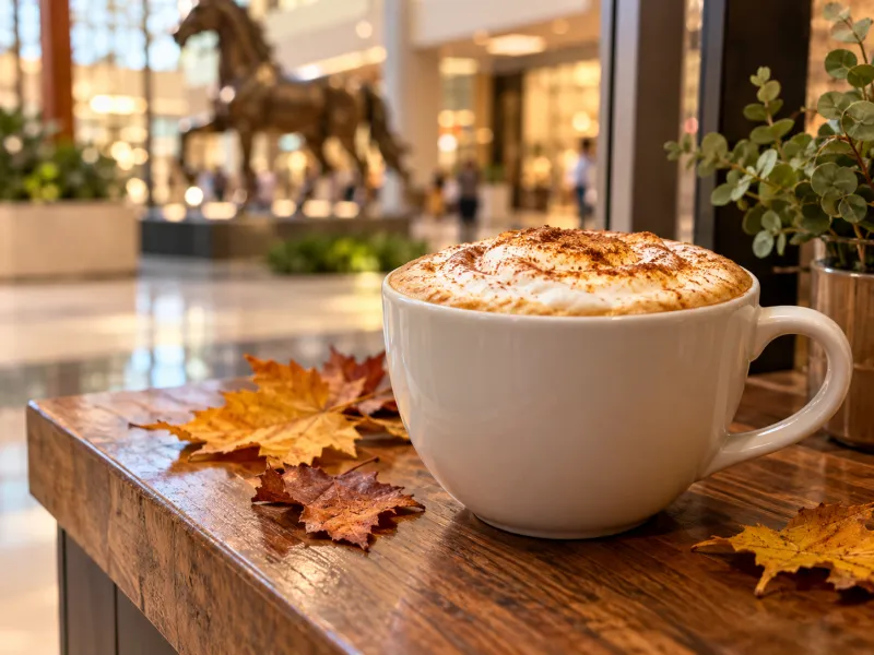 Hot latte with toasted marshmallow foam on a wooden kiosk counter with fall leaves and a blurred bronze horse statue behind