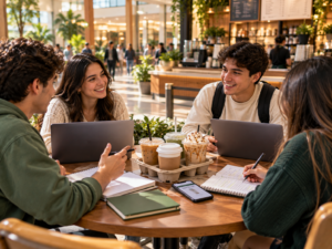 Four students around a table near a coffee kiosk with laptops, a shared notebook and four drinks in a carrier