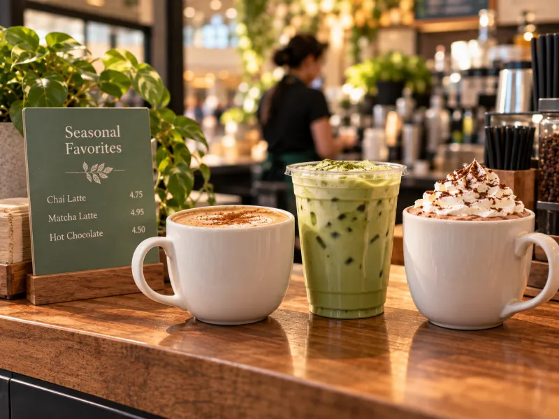 Hot chai latte, iced matcha latte and hot chocolate with whipped cream lined up on a coffee kiosk counter