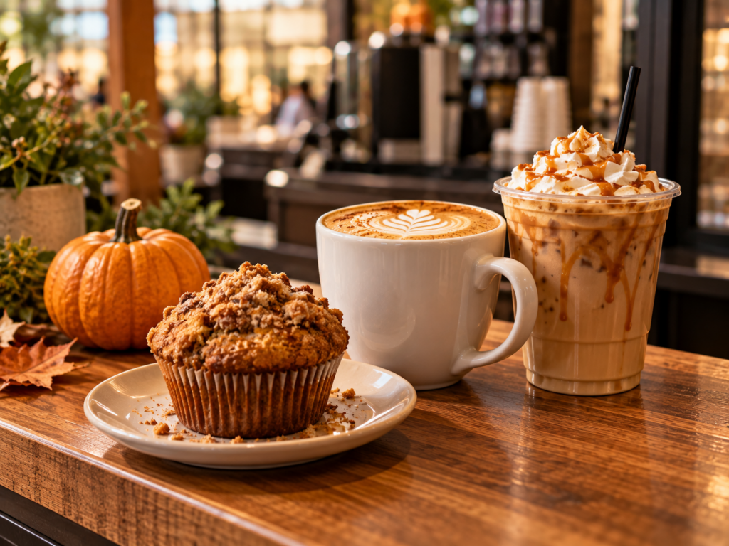 Pumpkin muffin on a plate beside a hot latte and an iced latte on a wooden kiosk counter with a small pumpkin
