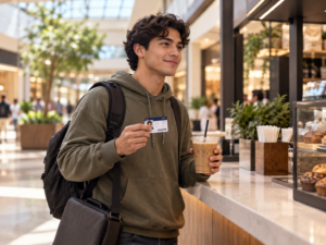 Student holding a student ID and an iced latte at a coffee kiosk counter under mall skylight